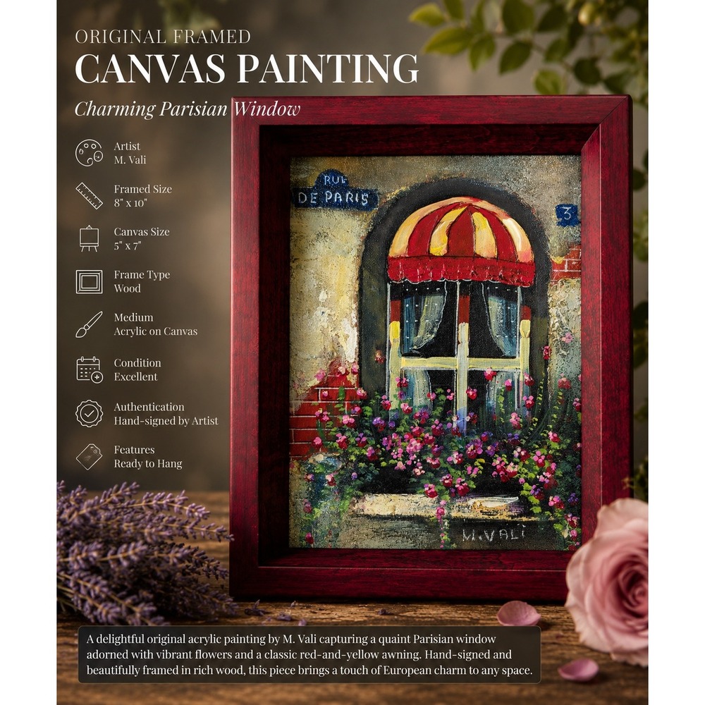 M. Vali Signed Og Acrylic Painting Parisian Window Framed‎ 8x10 Rue De Paris